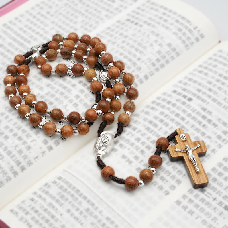 Christianartworkshop Evangelistic: Handmade Olive Wood Rosary of the Blessed Mother - Brown Cord - image 1