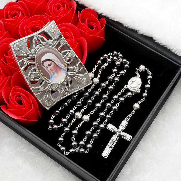 Christianartworkshop Hematite Rosary with Blessed Virgin Mary Medal - Hematite Beads - image 1