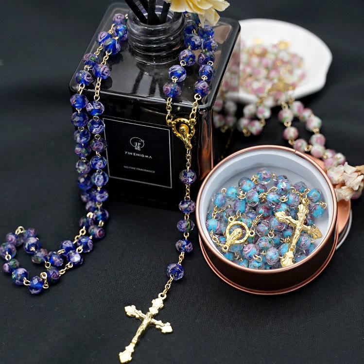 Christianartworkshop Flower Rose Glazed Beads Rosary with Mary & Crucifix - Blue - image 1