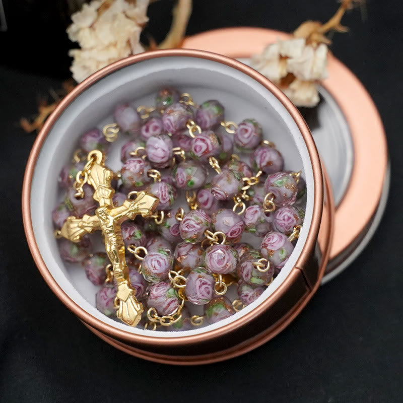 Christianartworkshop Flower Rose Glazed Beads Rosary with Mary & Crucifix - Grey - image 4