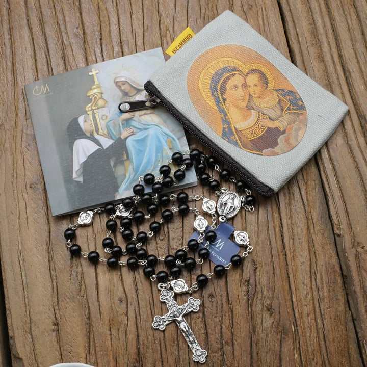 Christianartworkshop Virgin Mary Agate Prayer Rosary with 5-in-1 Crucifix - Black - image 0