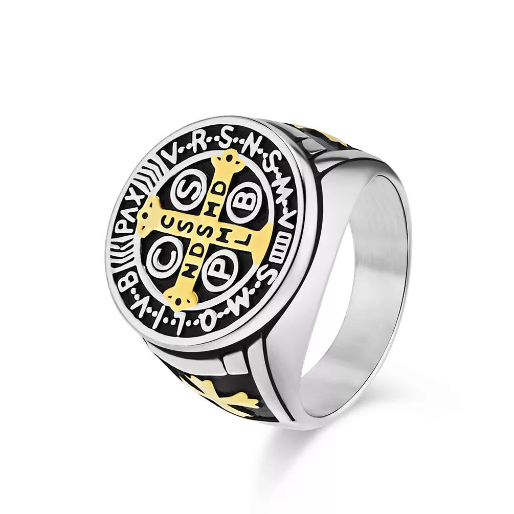 Christianartworkshop St. Benedict the Protector Titanium Ring - AU Size Z（US 13） - Silver-gold - image 6