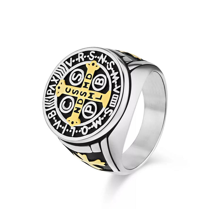 Christianartworkshop St. Benedict the Protector Titanium Ring - AU Size Z（US 13） - Silver-gold - image 6