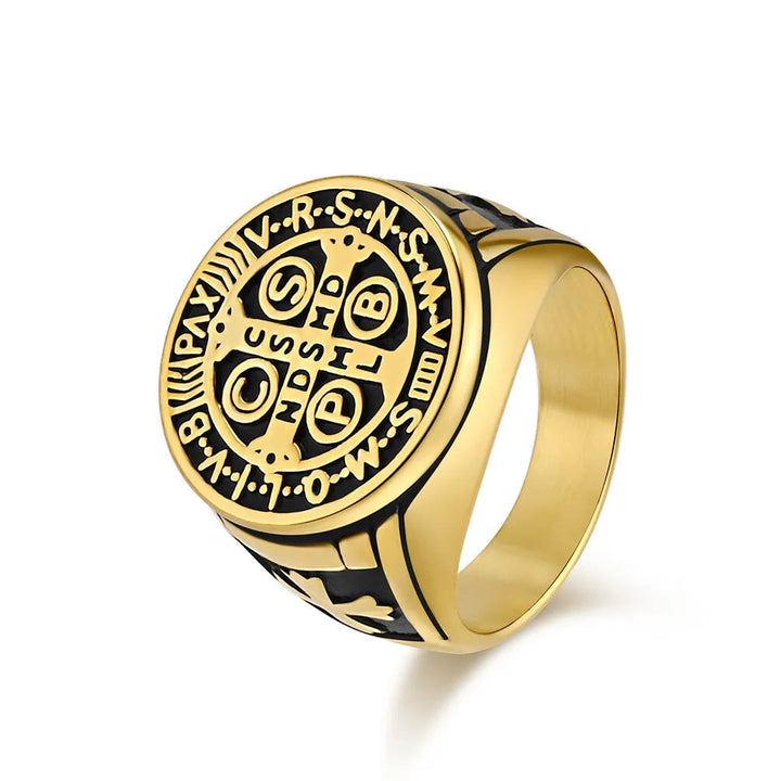 Christianartworkshop St. Benedict the Protector Titanium Ring - US 13 - Black-Gold - image 7