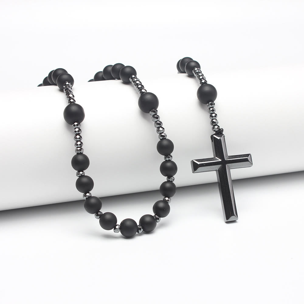 Agate/Tiger's Eye Stone Cross Catholic Rosary - Matte Onyx - image 3