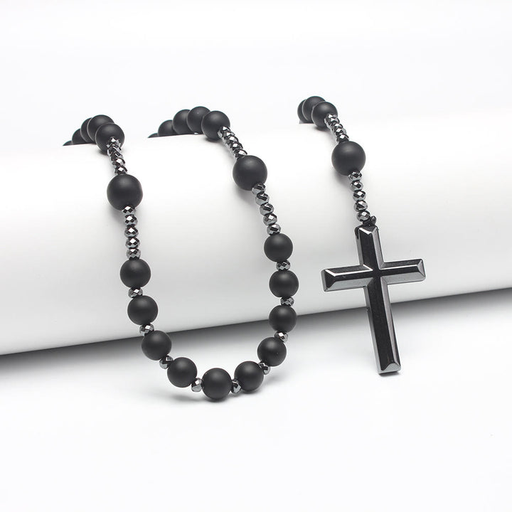 Agate/Tiger's Eye Stone Cross Catholic Rosary - Matte Onyx - image 3