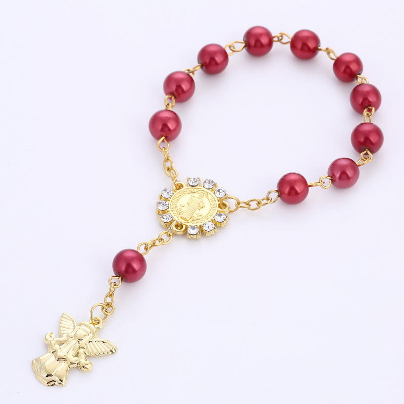 8mm Golden Angel Charm Jesus Rosary Bracelet - Red - image 1