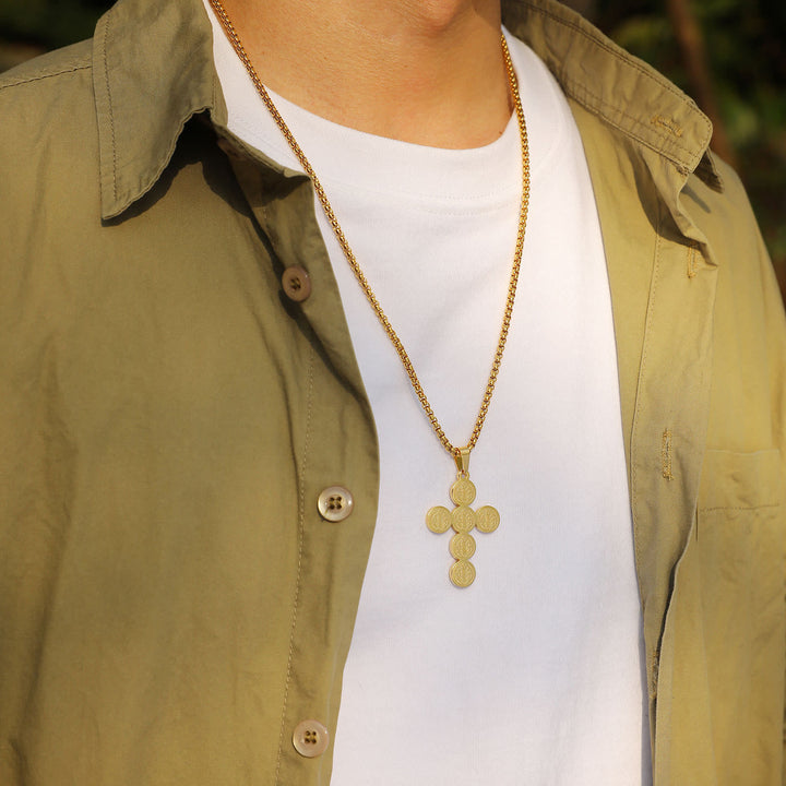 Round St. Benedict Cross Gold Pendant Necklace - image 3