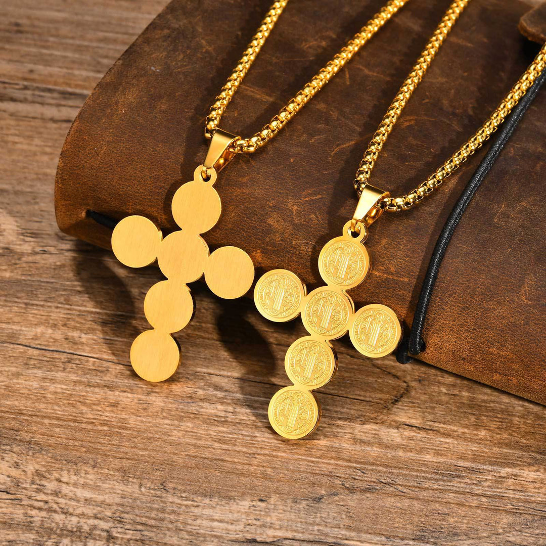 Round St. Benedict Cross Gold Pendant Necklace - Golden - image 0