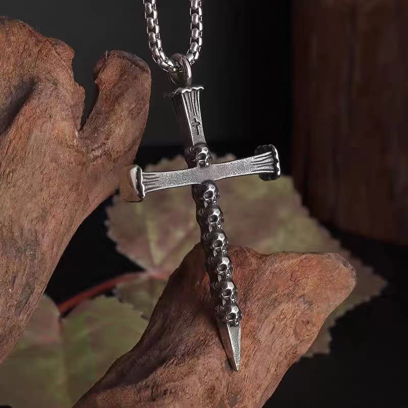 Christianartworkshop Titanium Steel Skull Nail Cross Pendant Necklace - 27.5in chain - image 0