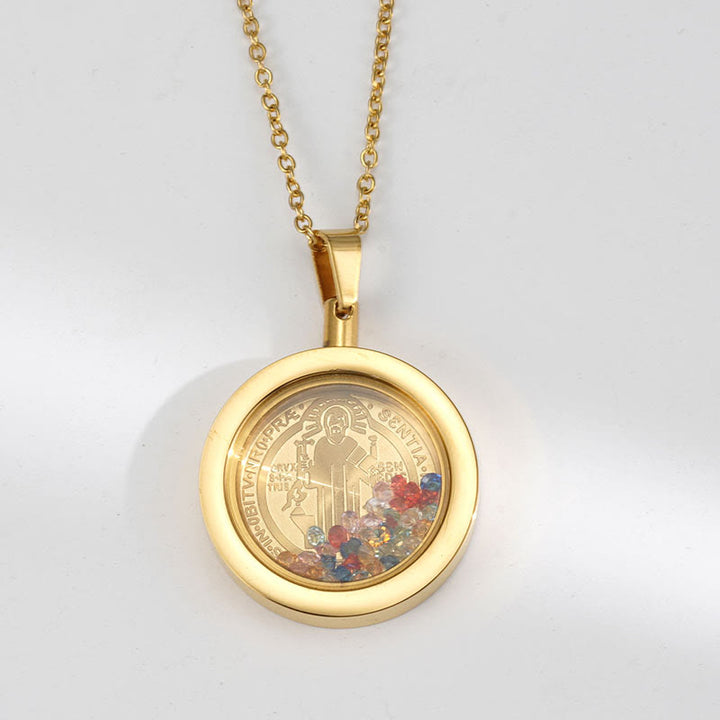 Christianartworkshop Gold Round Reversible Necklace: Our Lady and St. Benedict - Saint Benedict - Golden - image 4