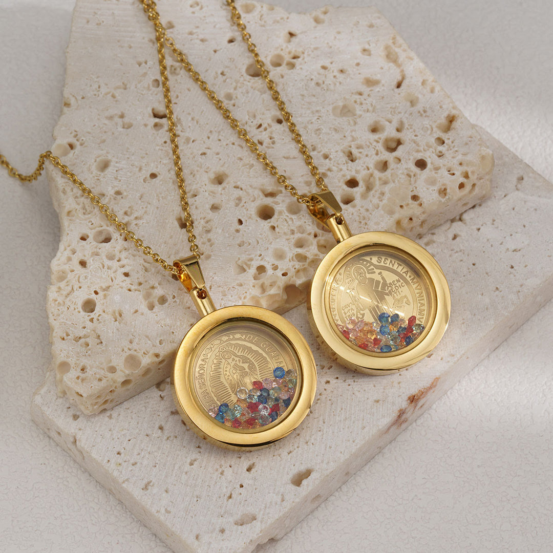 Christianartworkshop Gold Round Reversible Necklace: Our Lady and St. Benedict - Virgin Mary - Golden - image 0