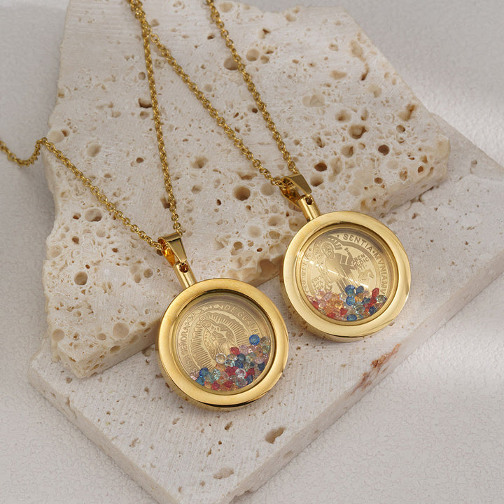 Christianartworkshop Gold Round Reversible Necklace: Our Lady and St. Benedict - Virgin Mary - Golden - image 0