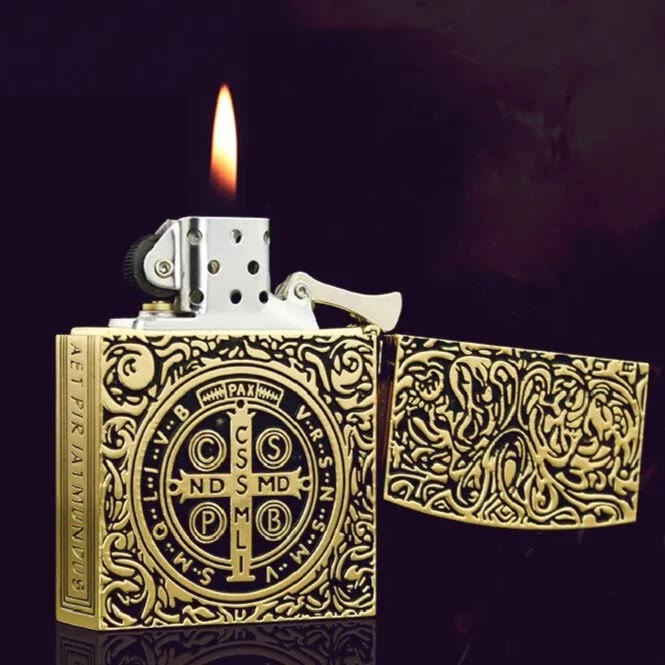 Carved St. Benedict Cross Medallion Solid Metal Cigarette Lighter - image 1
