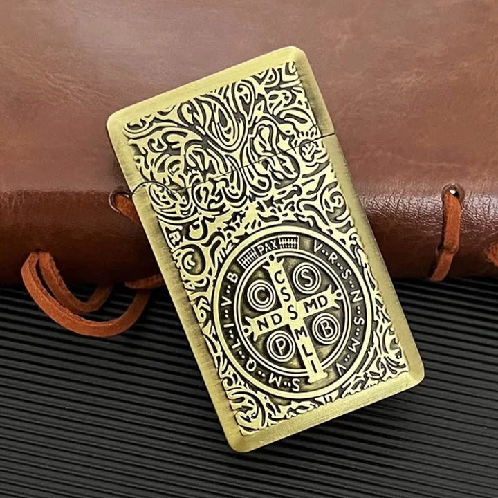 Carved St. Benedict Cross Medallion Solid Metal Cigarette Lighter - image 2