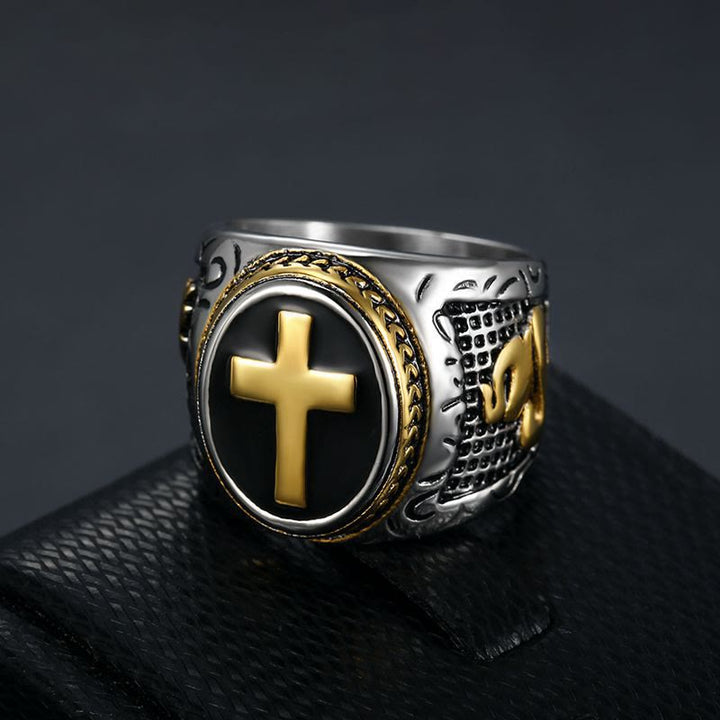 Christianartworkshop Retro Cross "Hand of God" Titanium Religion Ring - Golden - AU Size Z+2（US 15） - image 0