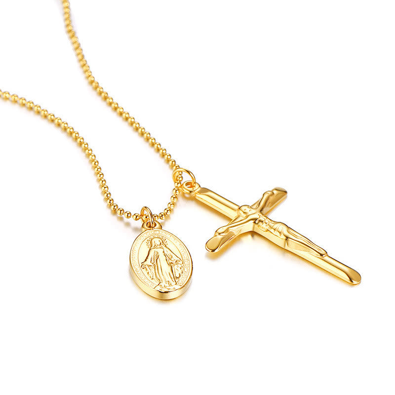 Christianartworkshop Virgin Mary Medallion Crucifix Titanium Necklace - Golden - image 0