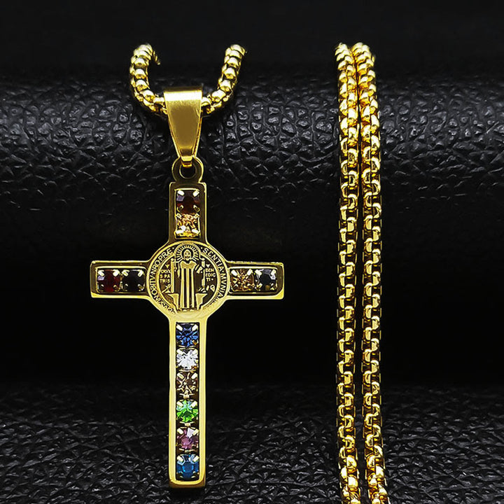 Christianartworkshop Saint Benedict Cross Mix Bible 12 Crystal Necklace - Golden - image 0