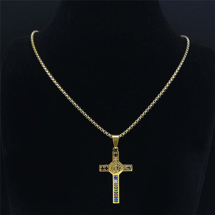 Christianartworkshop Saint Benedict Cross Mix Bible 12 Crystal Necklace - image 1