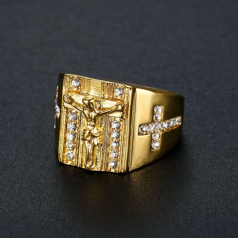 Christianartworkshop  Zirconia Set Crucifix Jesus Religious Ring - Golden - US 13 - image 0