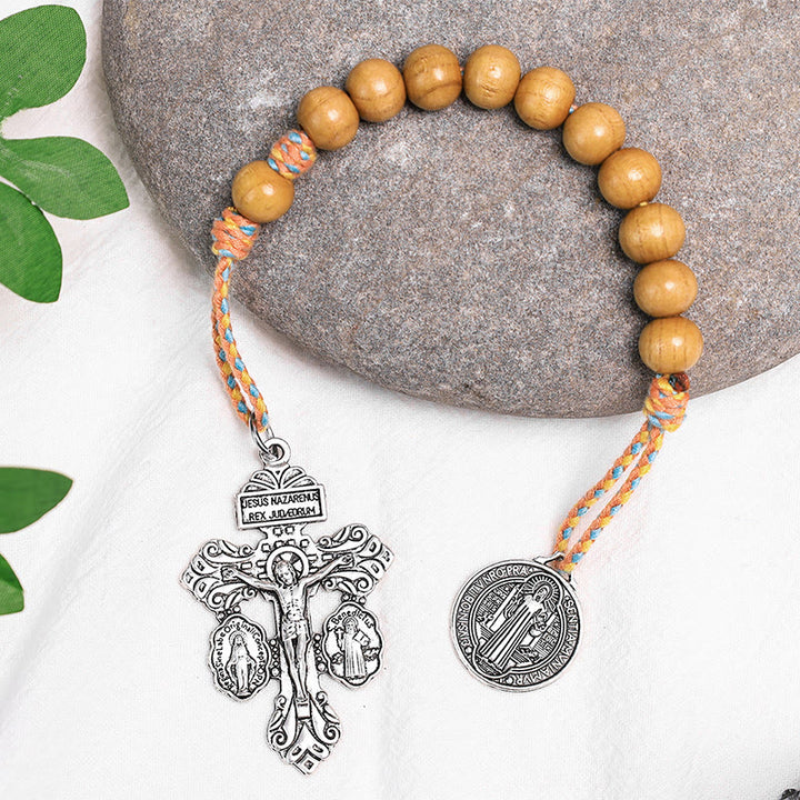Christianartworkshop Olive Wood Saint Benedict Medal Decade Rosary - Colorful Orange Cord - image 7