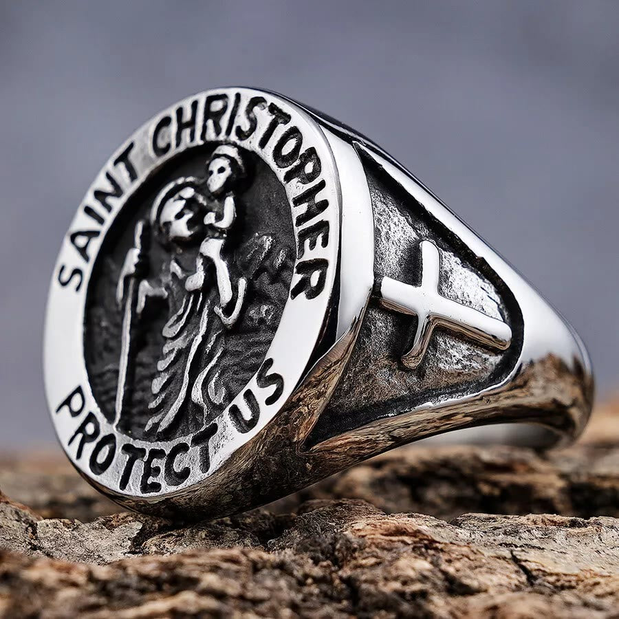 Christianartworkshop Saint Christopher Protect Us Medal Signet Ring - Silver - AU Size Z（US 13） - image 6