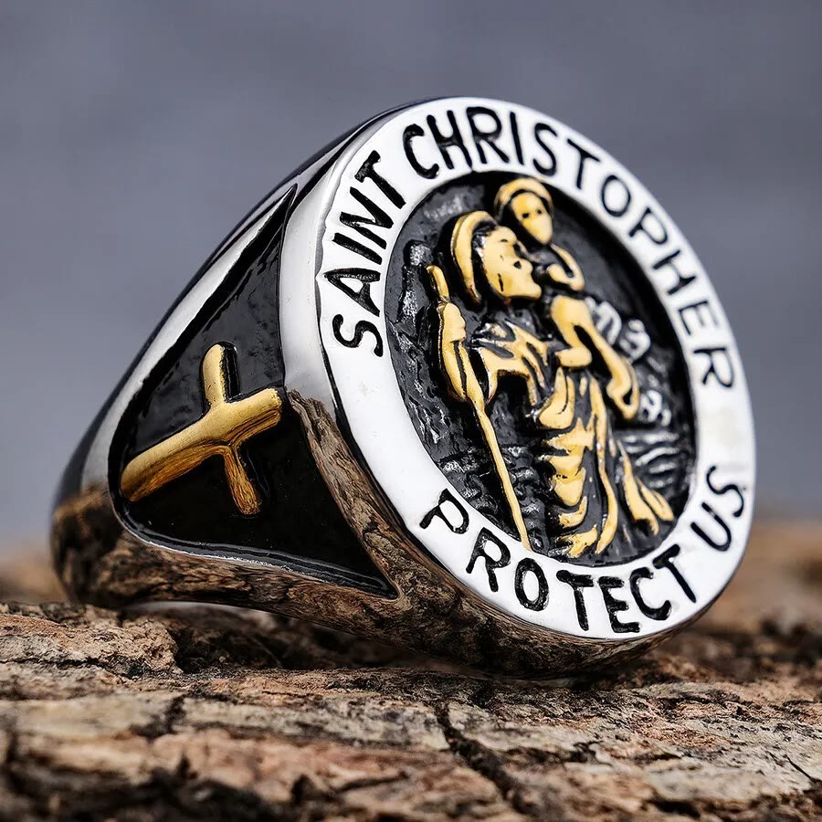 Christianartworkshop Saint Christopher Protect Us Medal Signet Ring - Silver-gold - AU Size Z（US 13） - image 0
