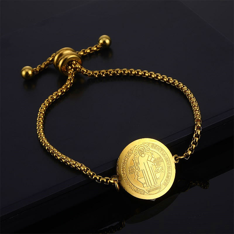 Christianartworkshop St. Benedict Engraved Medal  Adjustable Bracelet - Golden - image 0