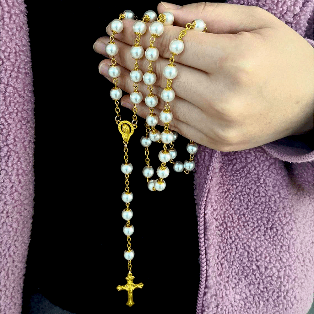 White Pearl Beads Catholic Blessing Rosary - image 4