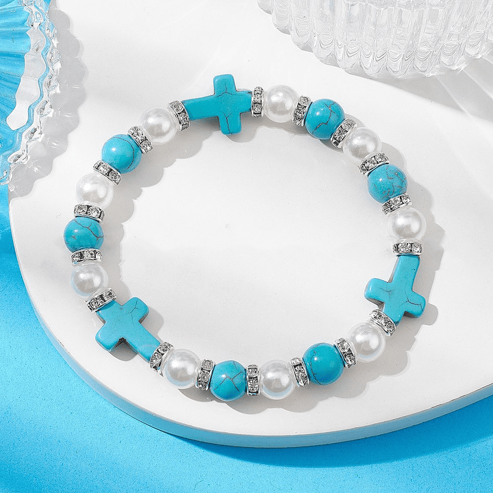 Christianartworkshop Pearl & Turquoise Cross Healing Energy Bracelet - Cross & Pearl - image 1