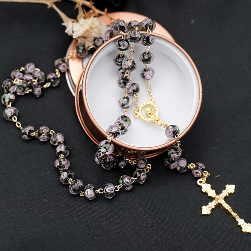 Christianartworkshop Flower Rose Glazed Beads Rosary with Mary & Crucifix - Black - image 7