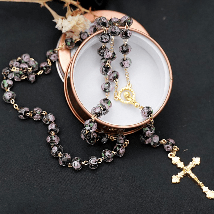 Christianartworkshop Flower Rose Glazed Beads Rosary with Mary & Crucifix - Black - image 7