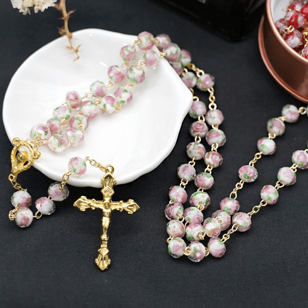 Christianartworkshop Flower Rose Glazed Beads Rosary with Mary & Crucifix - White - image 8