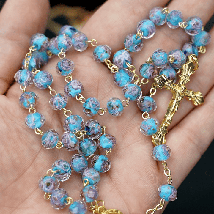Christianartworkshop Flower Rose Glazed Beads Rosary with Mary & Crucifix - Sky Blue - image 4