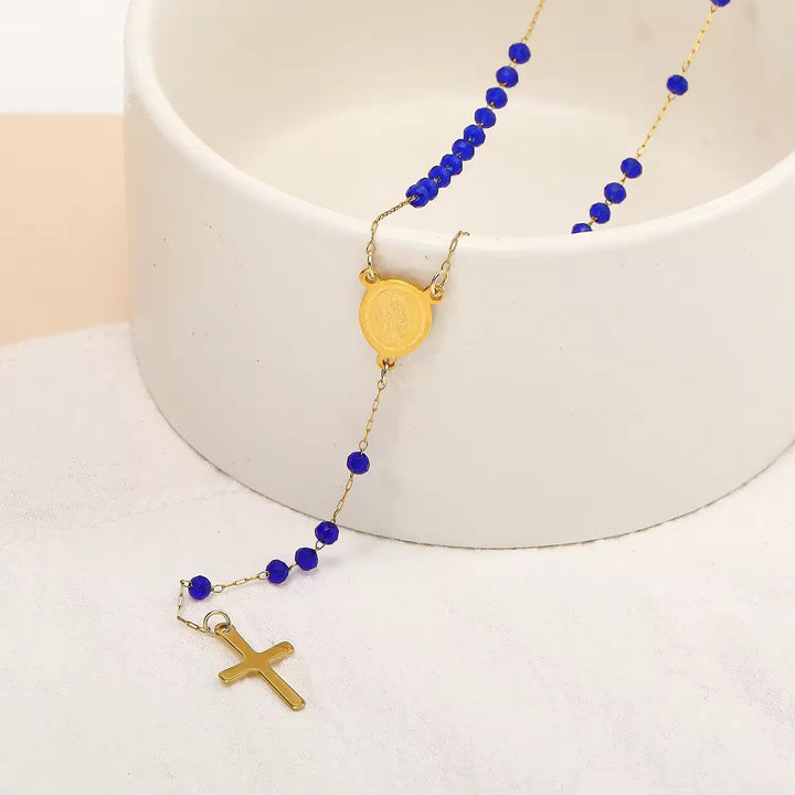Christianartworkshop Virgin Mary Medal & Cross Pendant Glass Beads Necklace - image 3