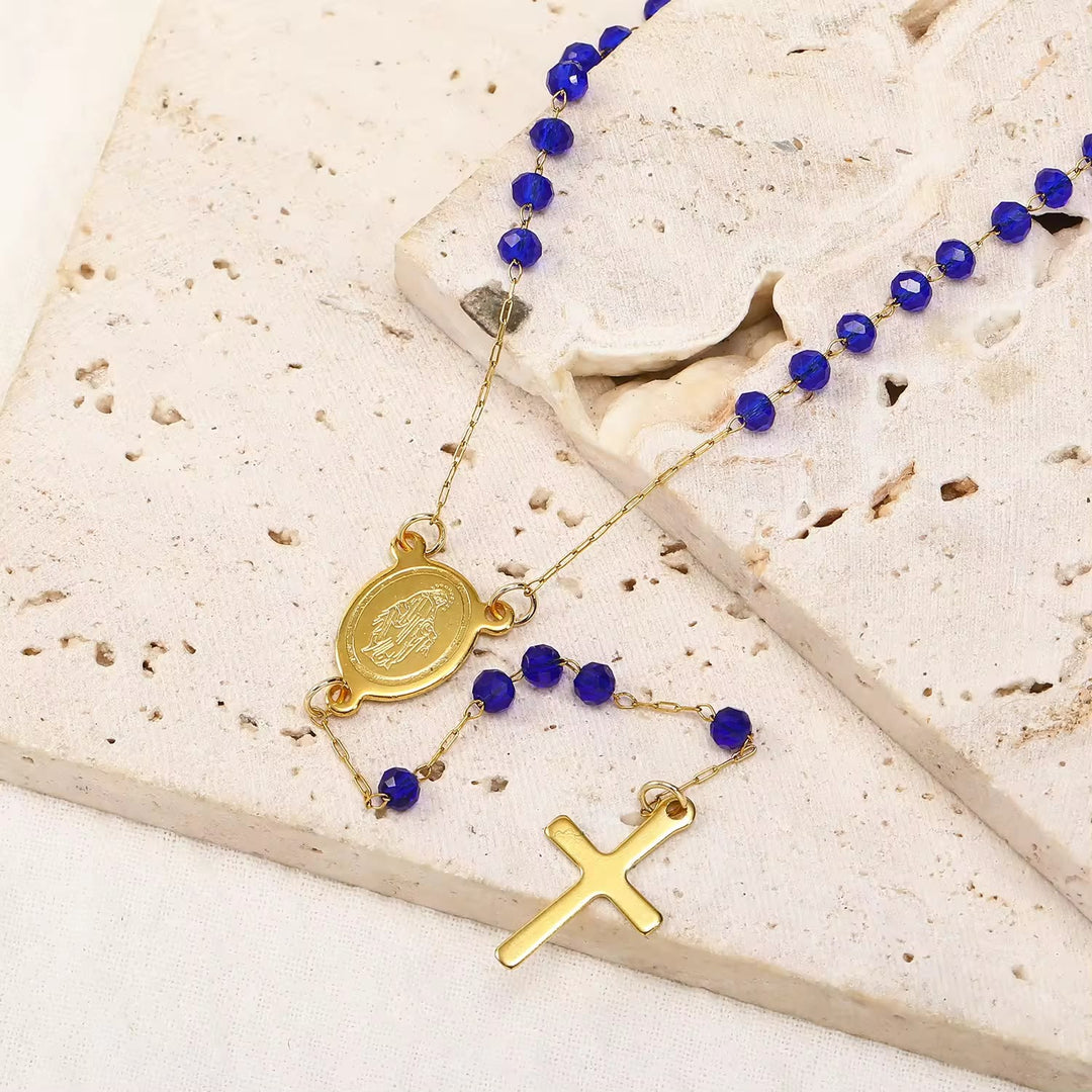 Christianartworkshop Virgin Mary Medal & Cross Pendant Glass Beads Necklace - Royal Blue - image 1