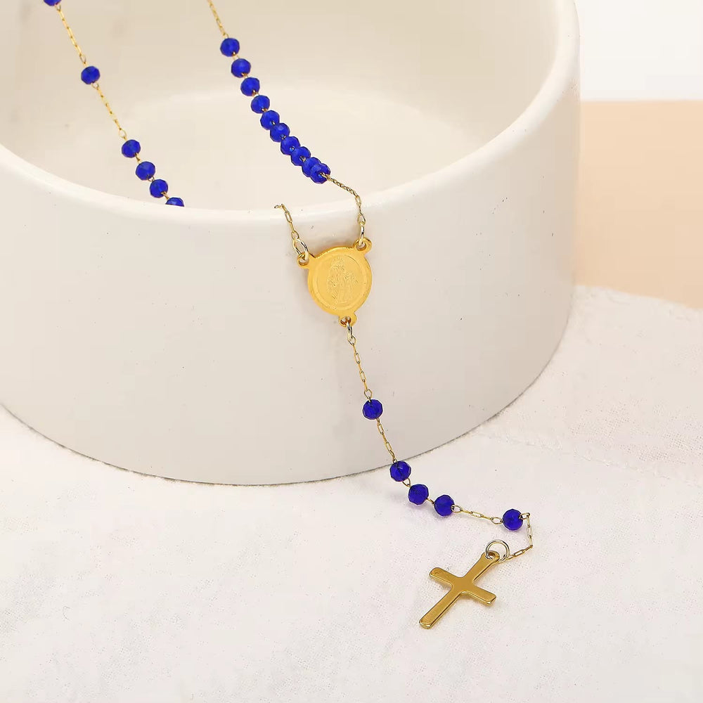 Christianartworkshop Virgin Mary Medal & Cross Pendant Glass Beads Necklace - image 2