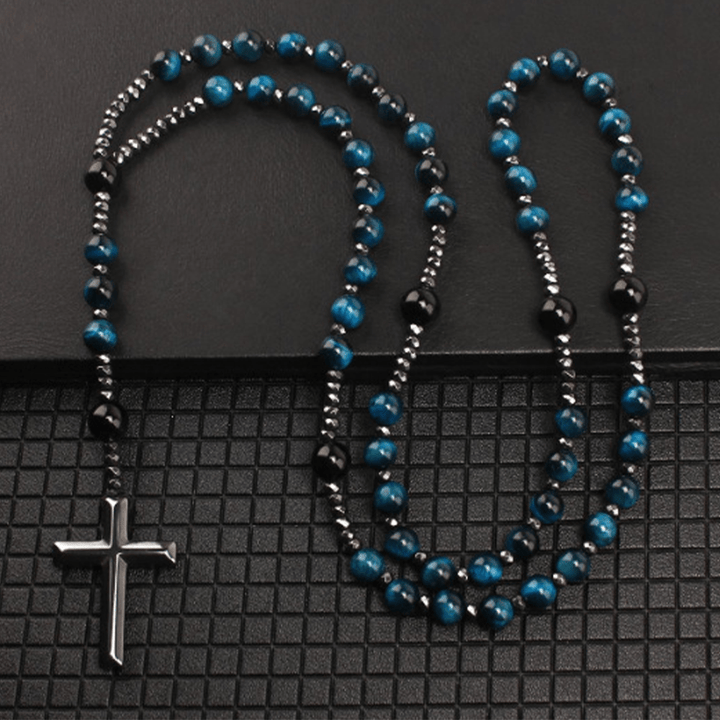 Agate/Tiger's Eye Stone Cross Catholic Rosary - Lake-blue Tiger's Eye - image 5