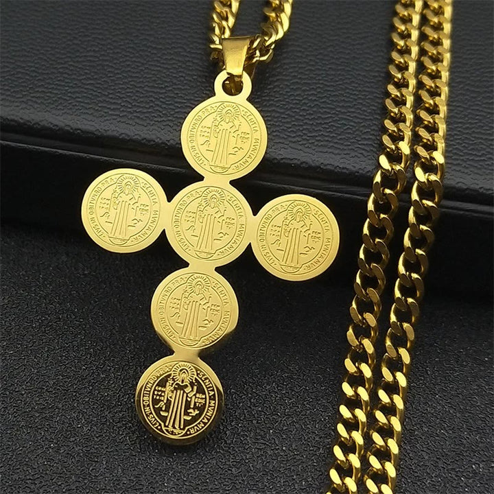 Round St. Benedict Cross Gold Pendant Necklace - image 4