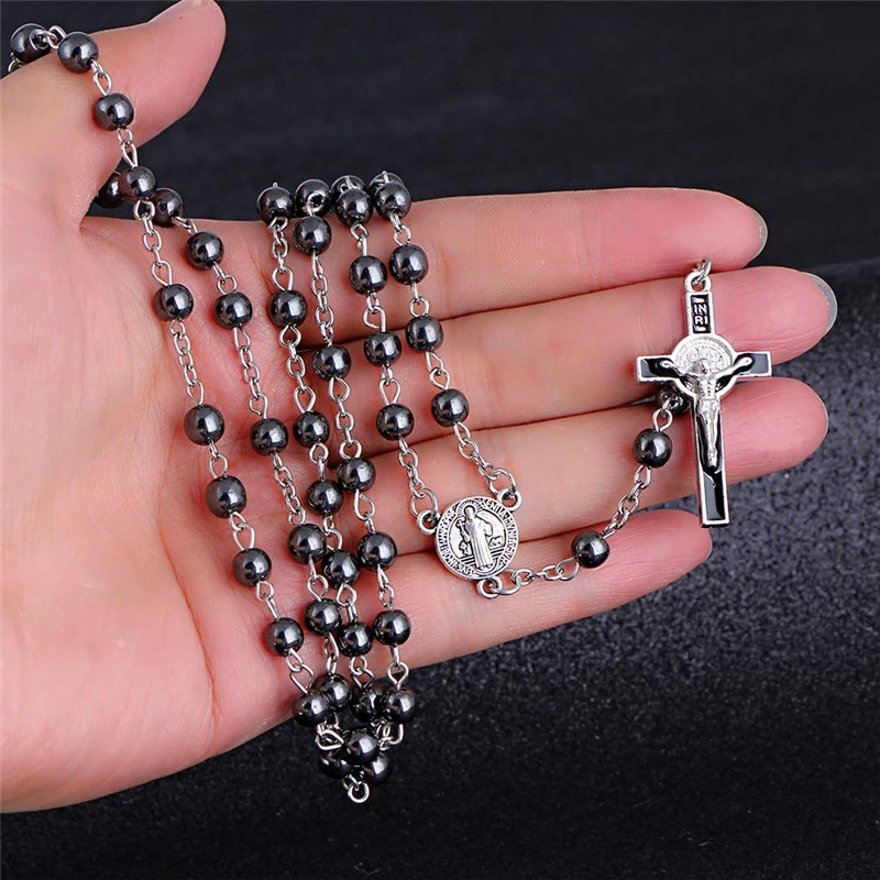 St. Benedict Medallion & Crucifix Black Gallstone Rosary - Silver Chain - image 0