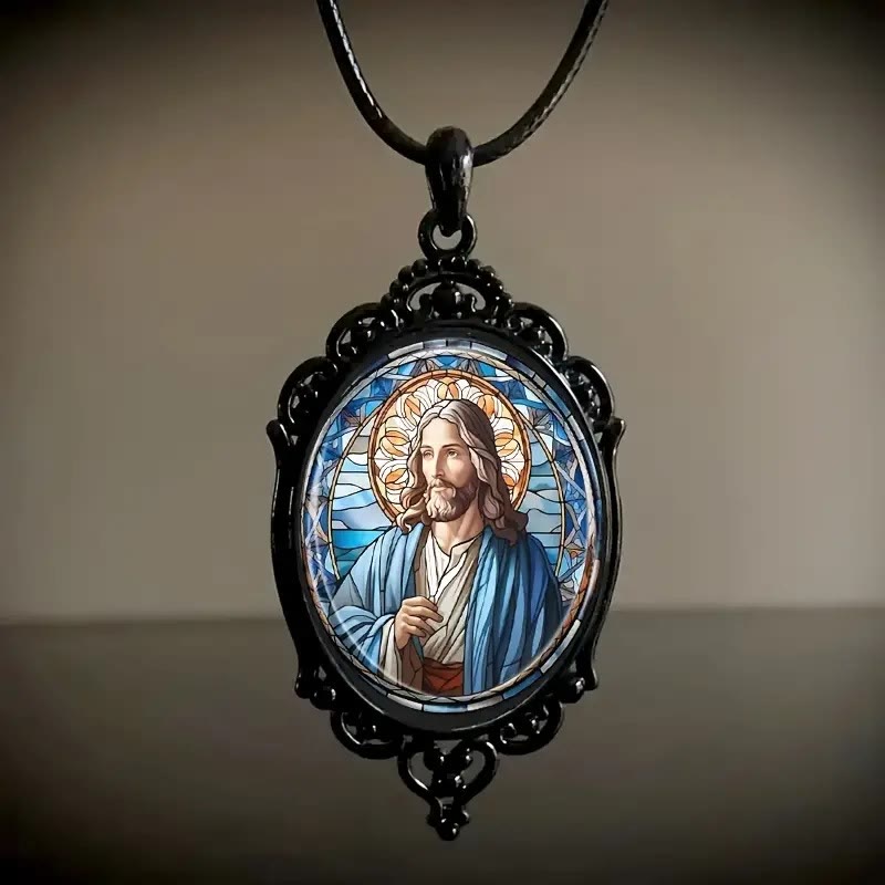 Christianartworkshop Retro Lace Oval Jesus Glass Pendant Necklace - image 1