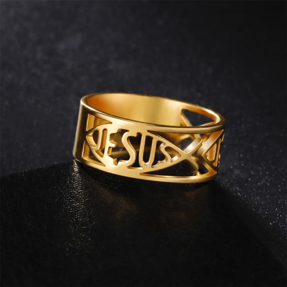 Christianartworkshop Jesus Fish Skeleton Titanium Religion Ring - Golden - AU Size V1/2 (US 11) - image 1