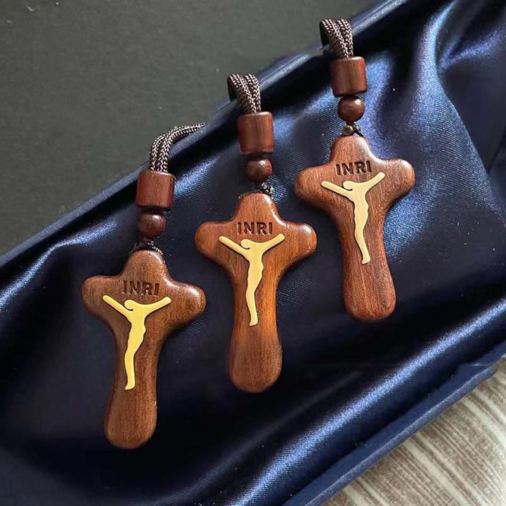 Christianartworkshop Rosewood Inlaid Boxwood Cross Pendant Necklace - image 1