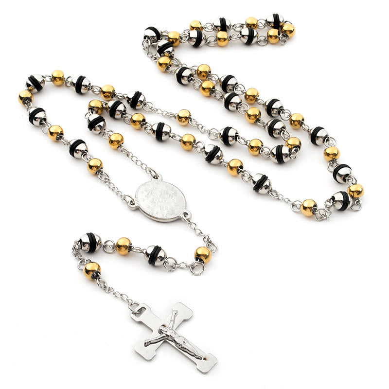 Stainless Steel Bead Chain Cross Pendant Rosary - Silver-gold Beads - image 0