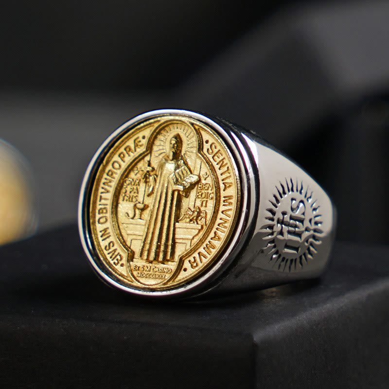 Christianartworkshop Two Tone Catholic St. Benedict Medal Cross Ring - AU Size Z（US 13） - image 0