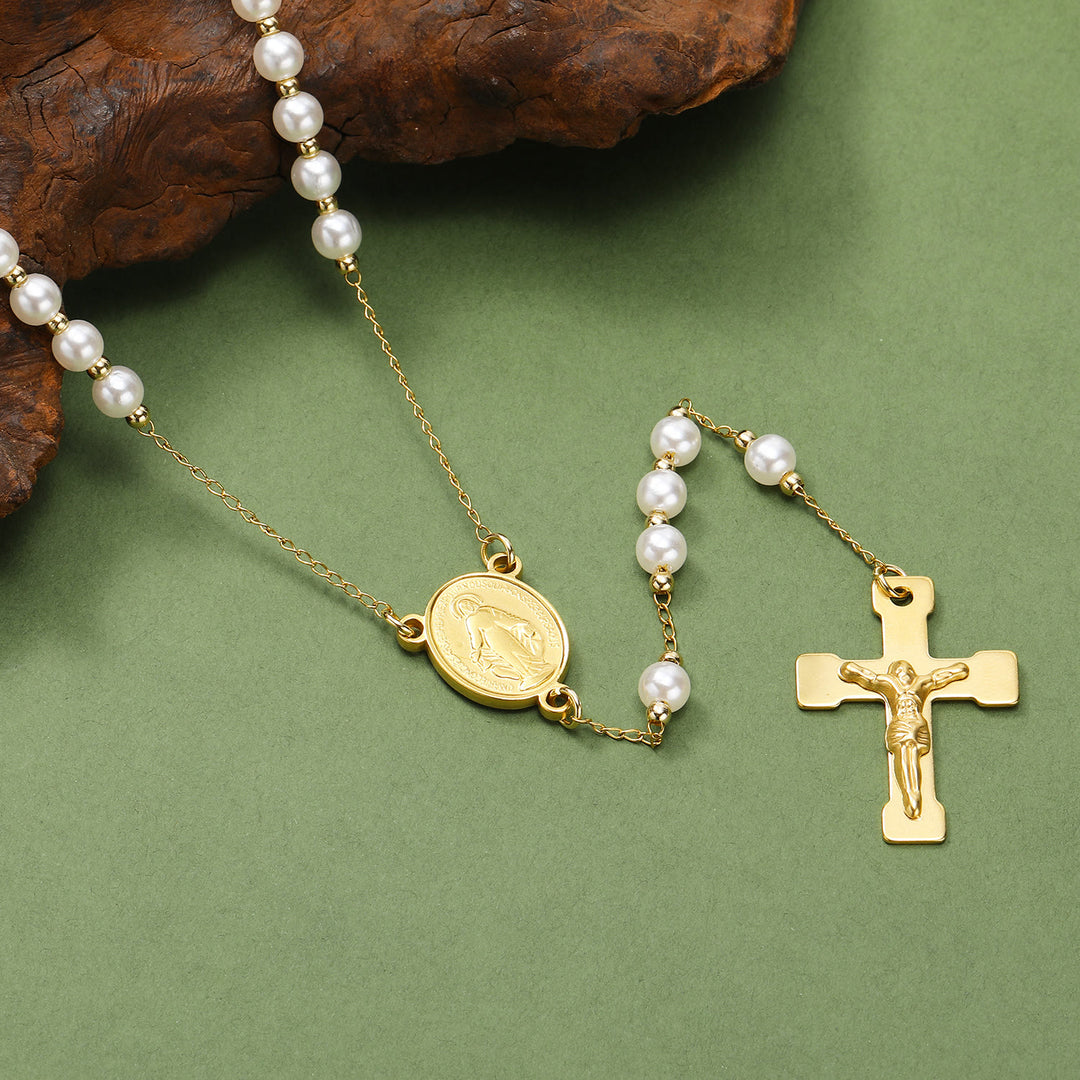 Stainless Steel/Crystal Beads Rosary with Crucifix - Pearl-White - image 11