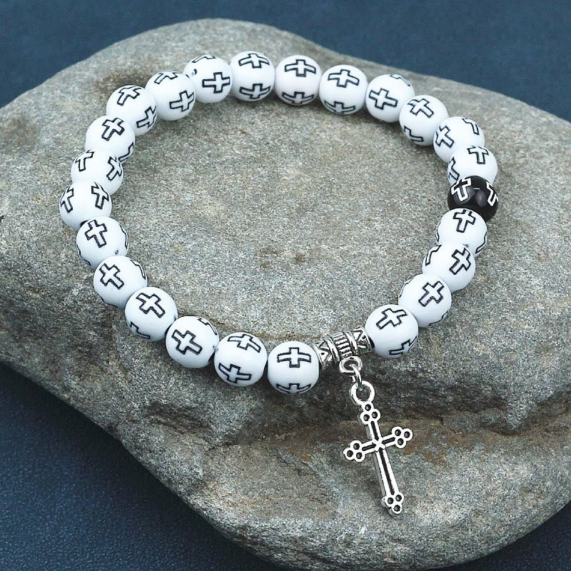 Christianartworkshop Cross Printed Black & White Bead Bracelet - White - image 4