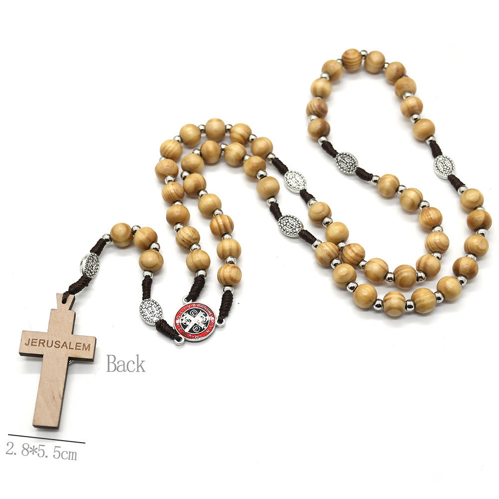 Catholic Crucifix Jesus St. Benedict Weave Pine Wood Beads Rosary - image 1