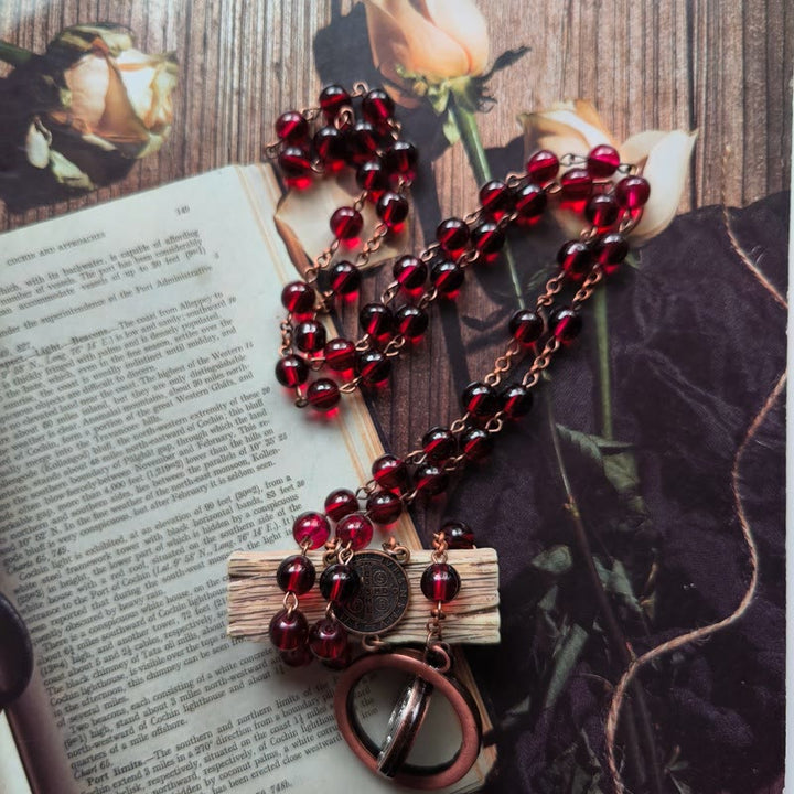 Red Glass Garnet St. Benedict Protection Rosary - image 1