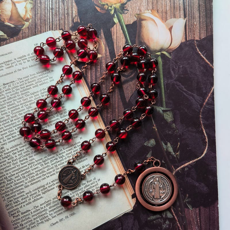 Red Glass Garnet St. Benedict Protection Rosary - image 3